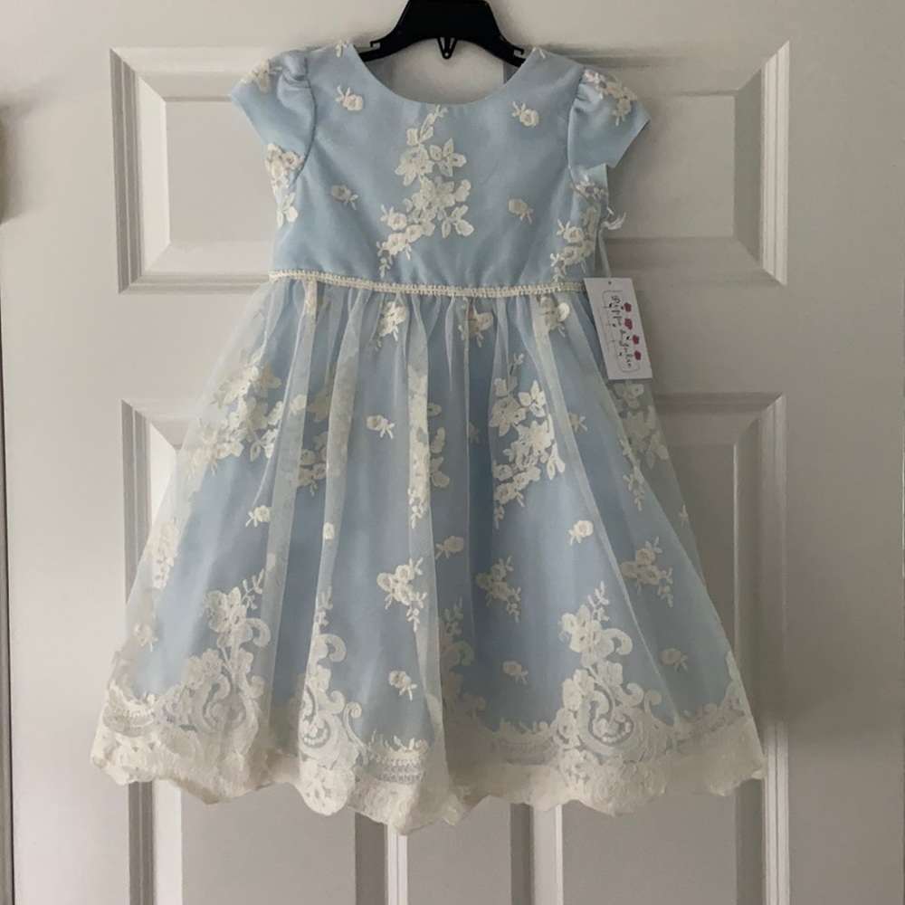 Girls fancy light blue dress with cream lace overlay